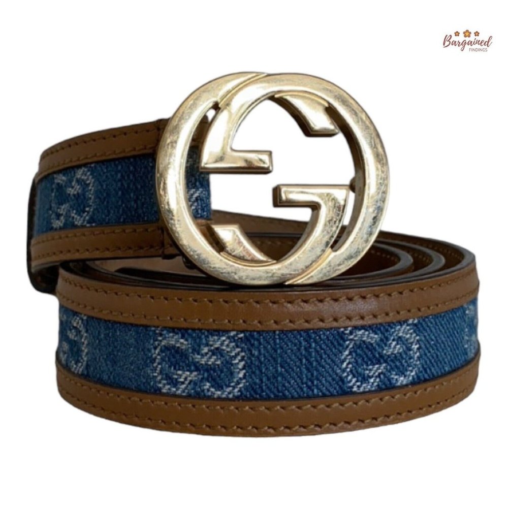 Authentic Gucci Blue GG Denim Leather Trim Gold Interlocking G Buckle Belt 80/32